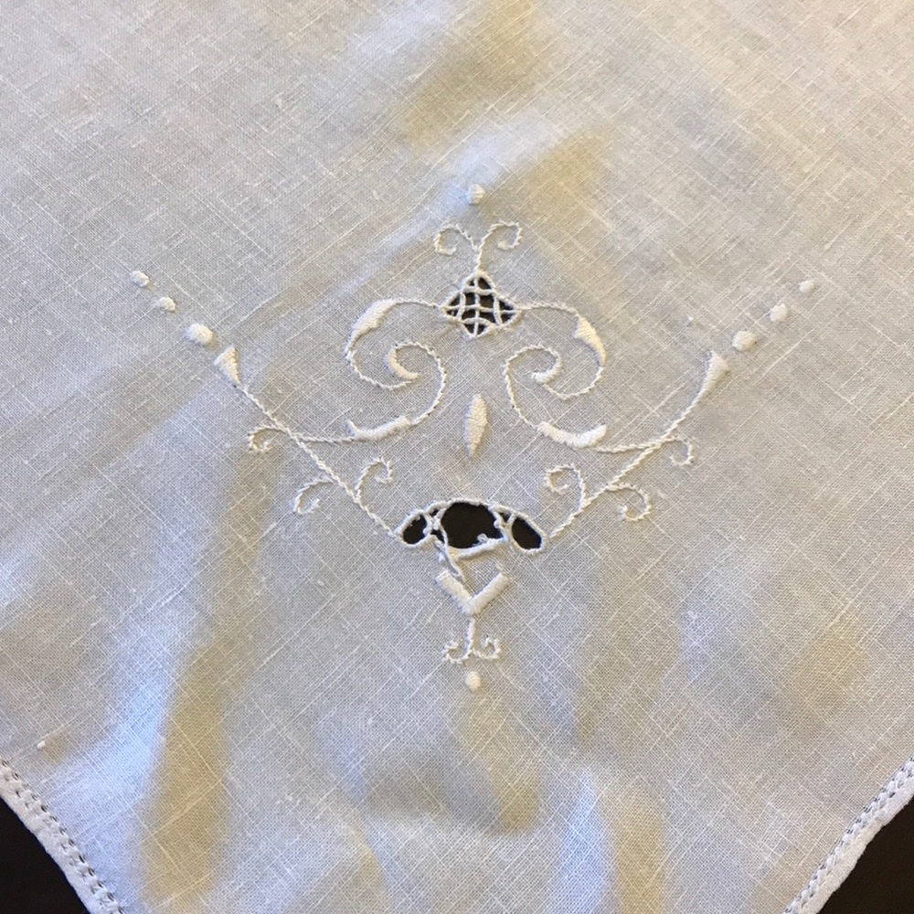 Vintage White Linen Hand-Embroidered Tablecloth